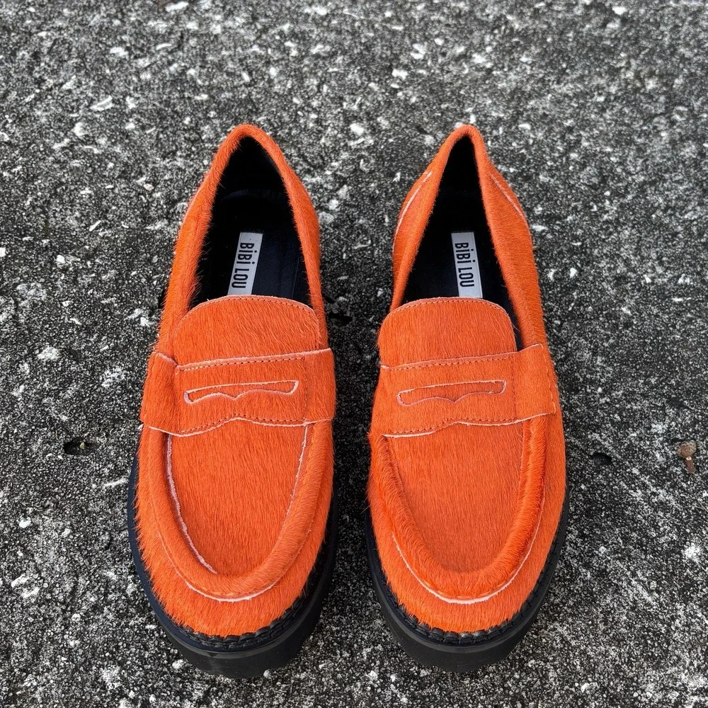 RARE!! Orange Calf Hair Chunky Penny Loafers W7 | 37 Anthropologie Bibi Lou Jaya
